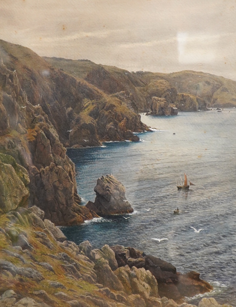 Gertrude Martineau (1837-1924), Rocky Coastal View, signed and dated G. Martineau, 1875 lower left, watercolour heightened with white, 45.5 x 35.5cm